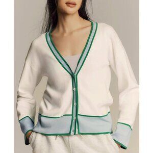 New Anthro Stateside 100% Cotton Contrast Trim Cardigan White Blue Small $164